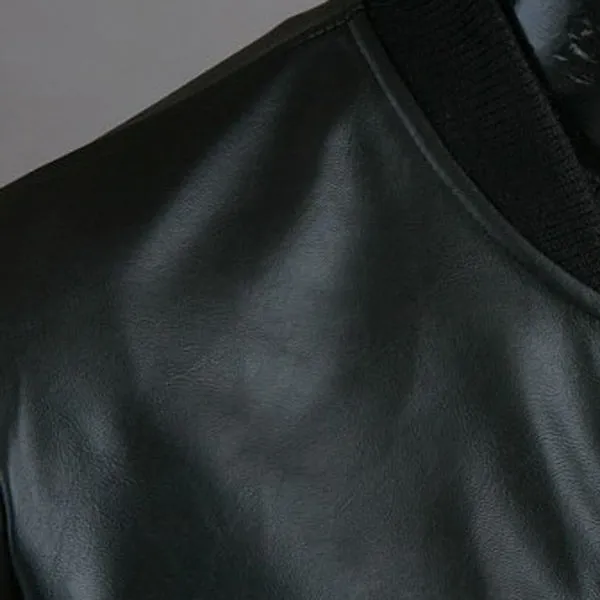 Classic Color Block PU Leather Spliced Rib Hem Stand Collar Long Sleeves Men's Slimming Jacket 1689