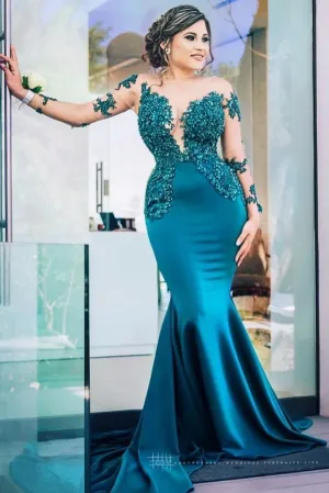 Classic Illusion neck Long Sleeves Blue Lace Appliques Prom Party Gowns with Chapel Train