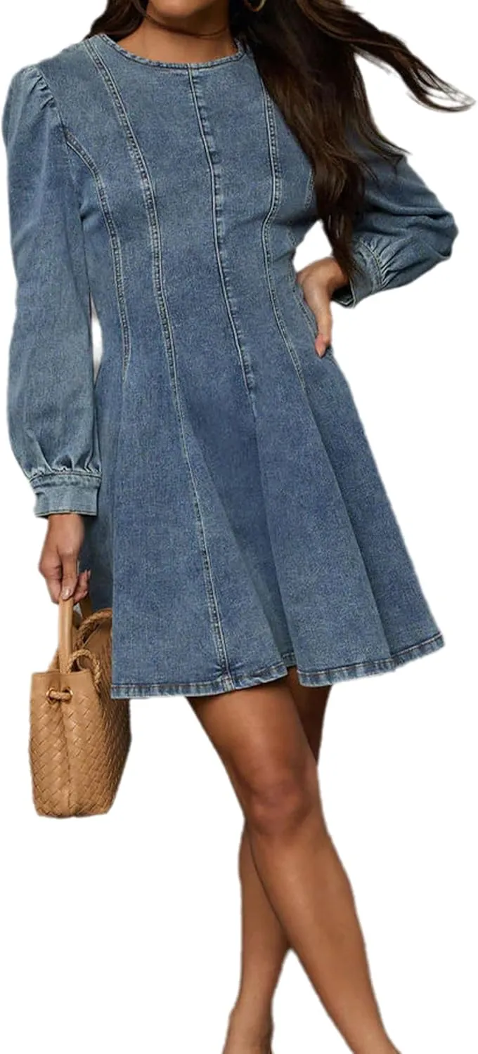Conshvi Denim Shirt Dress for Women Long Sleeve Crewneck Denim Dresses 2025 Fall Cute A Line Mini Short Jean Dress