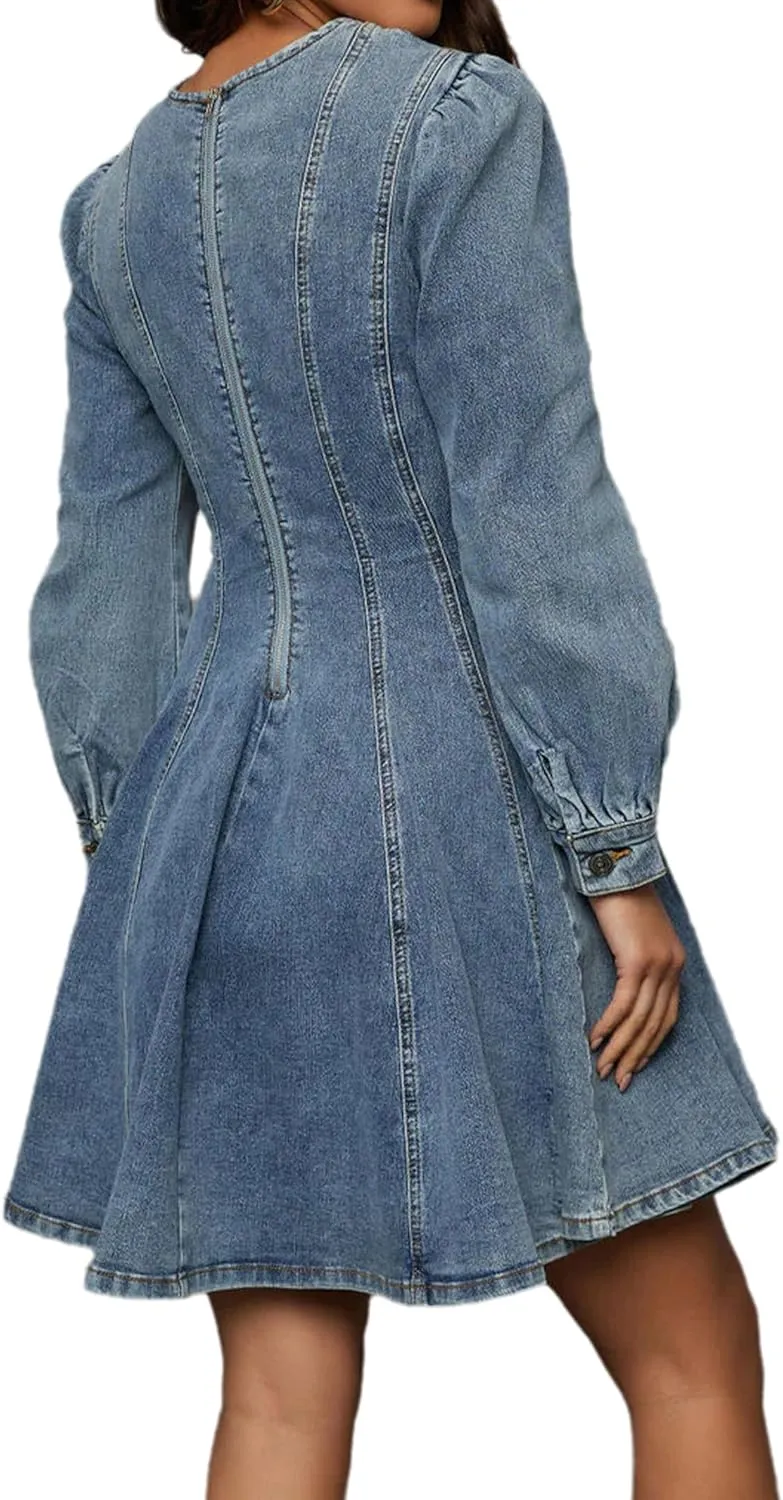 Conshvi Denim Shirt Dress for Women Long Sleeve Crewneck Denim Dresses 2025 Fall Cute A Line Mini Short Jean Dress