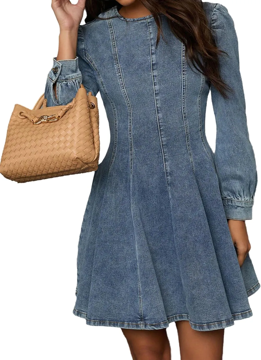 Conshvi Denim Shirt Dress for Women Long Sleeve Crewneck Denim Dresses 2025 Fall Cute A Line Mini Short Jean Dress
