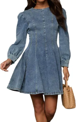 Conshvi Denim Shirt Dress for Women Long Sleeve Crewneck Denim Dresses 2025 Fall Cute A Line Mini Short Jean Dress