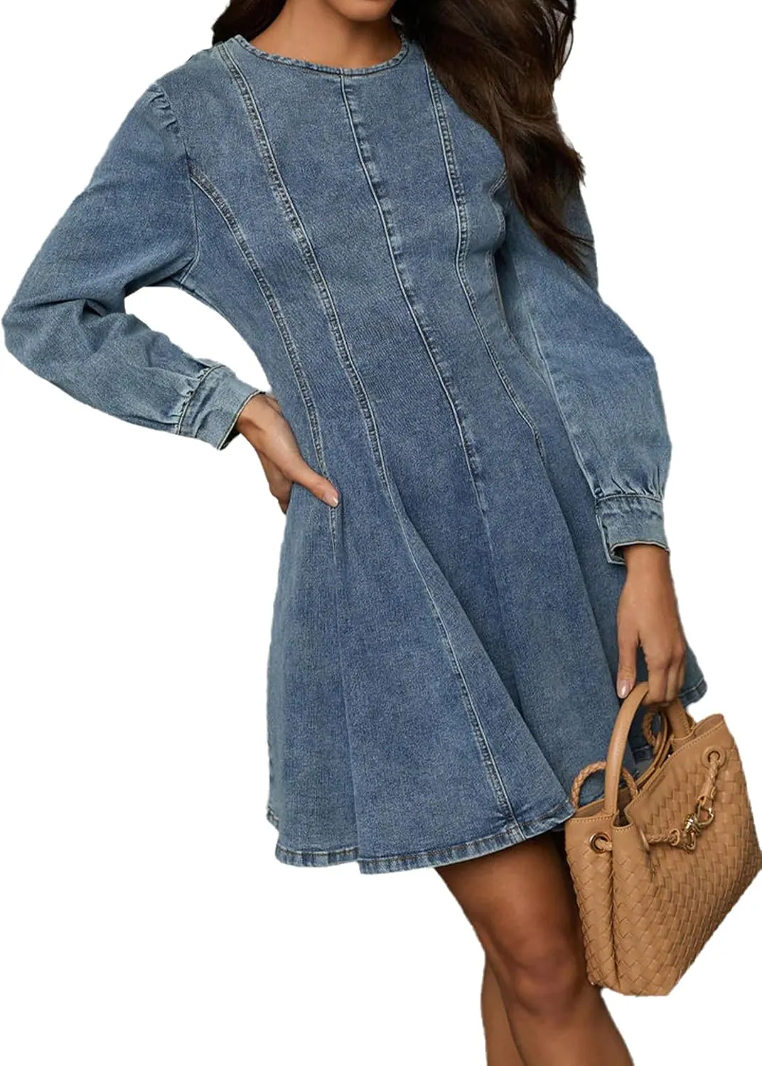 Conshvi Denim Shirt Dress for Women Long Sleeve Crewneck Denim Dresses 2025 Fall Cute A Line Mini Short Jean Dress