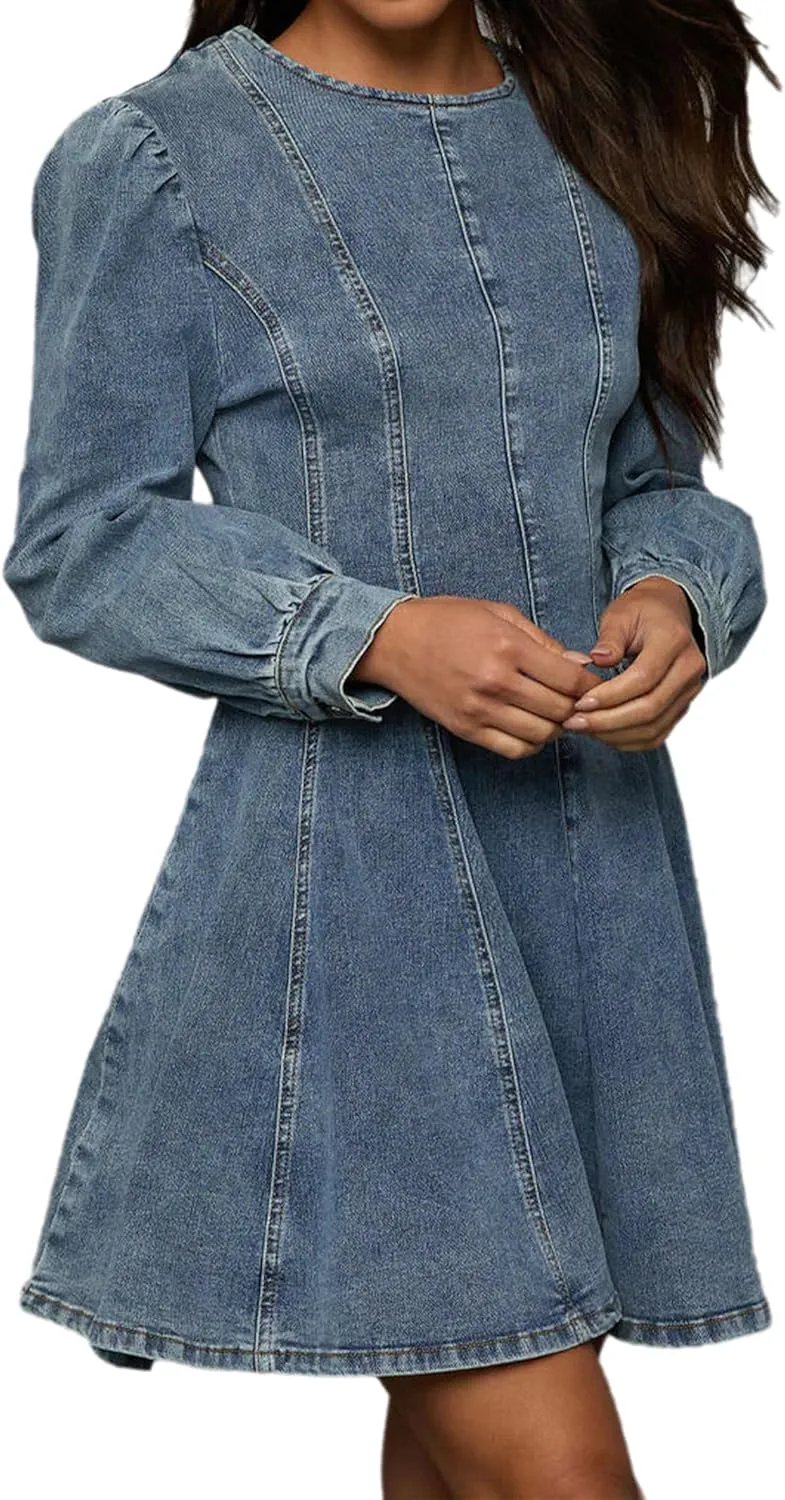 Conshvi Denim Shirt Dress for Women Long Sleeve Crewneck Denim Dresses 2025 Fall Cute A Line Mini Short Jean Dress
