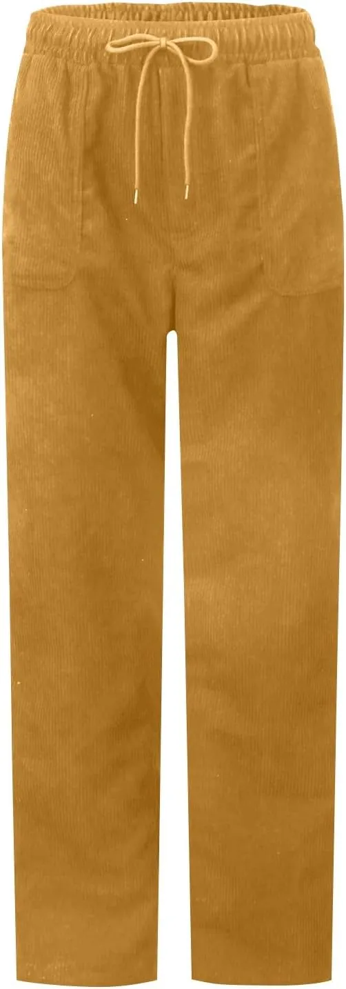 Corduroy Pants Women High Waisted Drawstring Casual Straight Leg Pants Loose Comfy Lounge Pants Trousers with Pockets