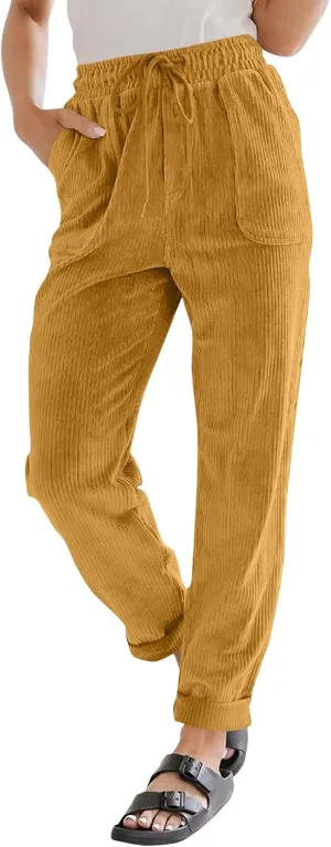 Corduroy Pants Women High Waisted Drawstring Casual Straight Leg Pants Loose Comfy Lounge Pants Trousers with Pockets