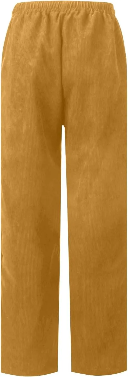 Corduroy Pants Women High Waisted Drawstring Casual Straight Leg Pants Loose Comfy Lounge Pants Trousers with Pockets