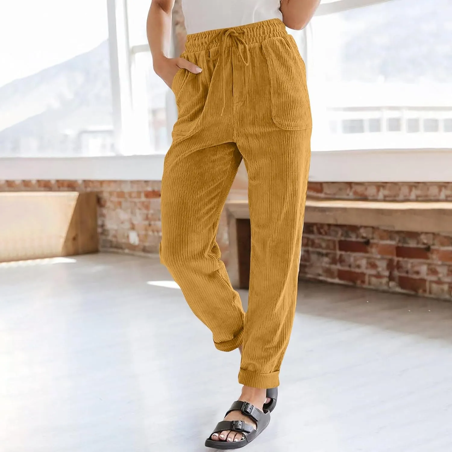Corduroy Pants Women High Waisted Drawstring Casual Straight Leg Pants Loose Comfy Lounge Pants Trousers with Pockets