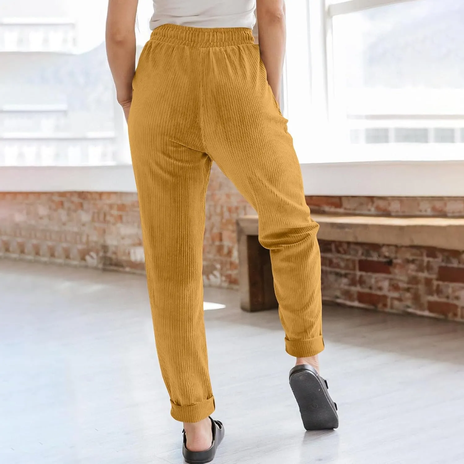 Corduroy Pants Women High Waisted Drawstring Casual Straight Leg Pants Loose Comfy Lounge Pants Trousers with Pockets