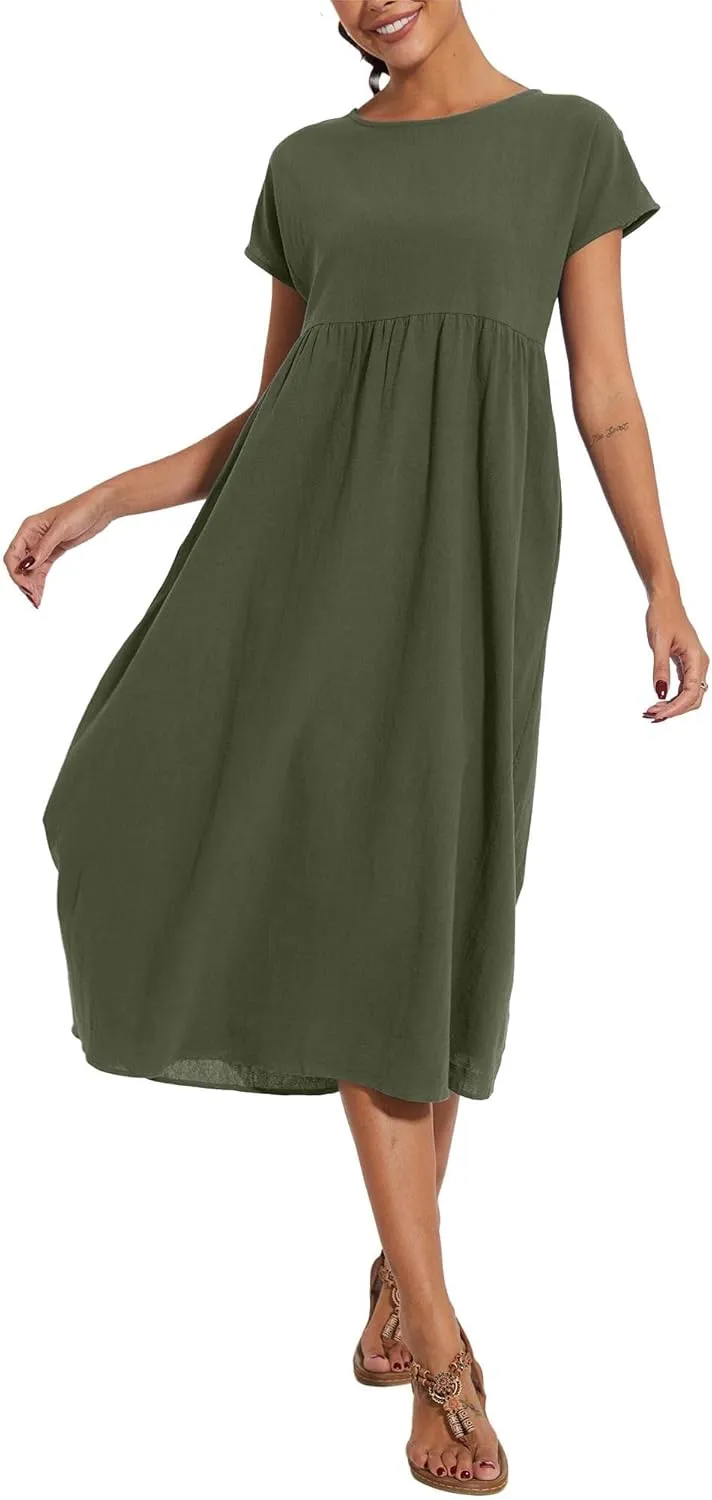 Costaric Cotton Dress for Women 2024 Womens Summer Loose Midi Dress Casual Comfy Short Sleeve Beach Dress with Pockets