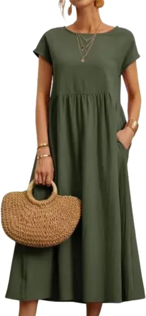 Costaric Cotton Dress for Women 2024 Womens Summer Loose Midi Dress Casual Comfy Short Sleeve Beach Dress with Pockets