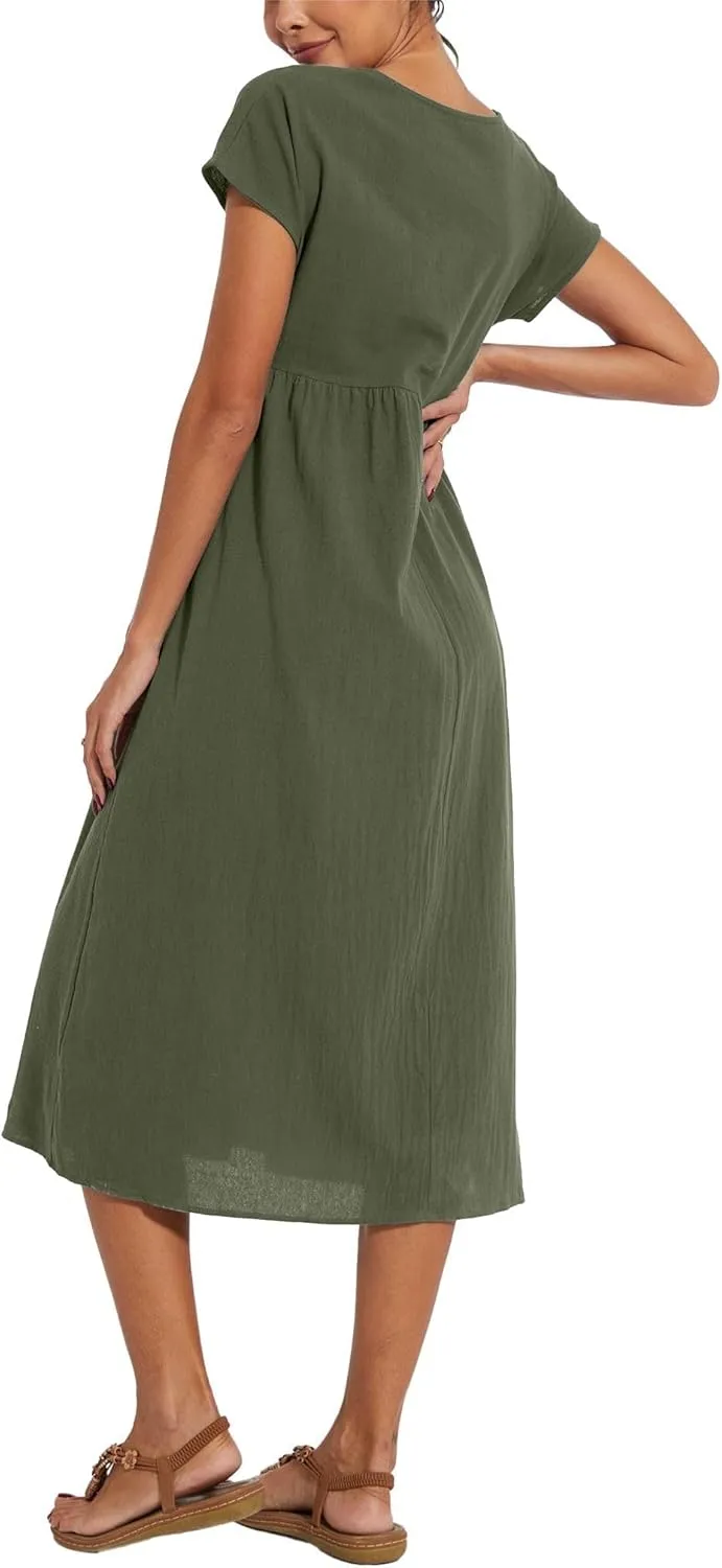 Costaric Cotton Dress for Women 2024 Womens Summer Loose Midi Dress Casual Comfy Short Sleeve Beach Dress with Pockets