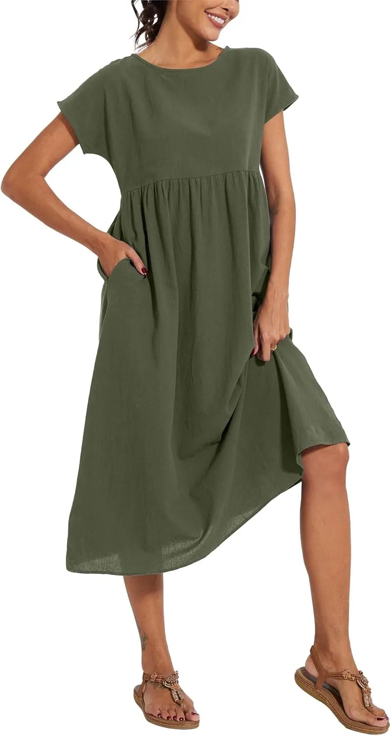Costaric Cotton Dress for Women 2024 Womens Summer Loose Midi Dress Casual Comfy Short Sleeve Beach Dress with Pockets