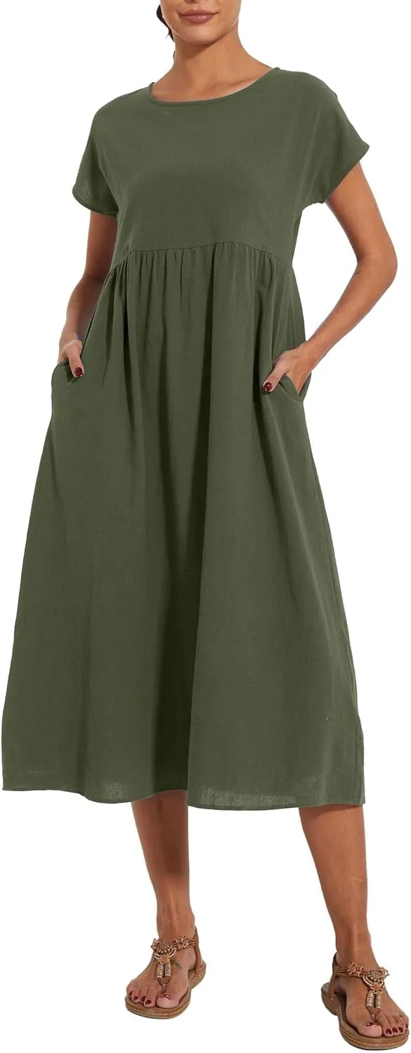 Costaric Cotton Dress for Women 2024 Womens Summer Loose Midi Dress Casual Comfy Short Sleeve Beach Dress with Pockets