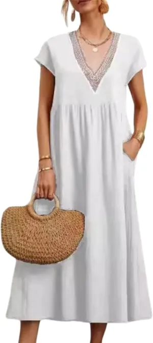 Cotton Linen Dress Women 2025 Boho V Neck 3/4 Sleeve Flowy Midi Dress Spring Fashion Casual Sundress for Beach Vacation