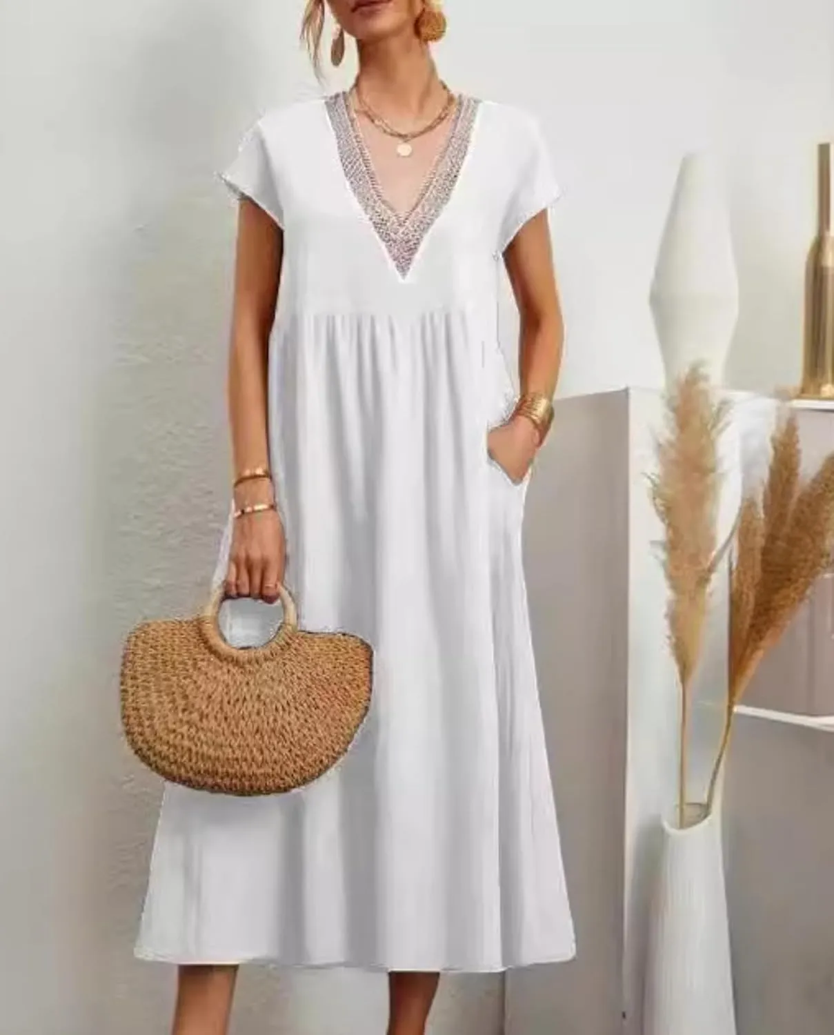 Cotton Linen Dress Women 2025 Boho V Neck 3/4 Sleeve Flowy Midi Dress Spring Fashion Casual Sundress for Beach Vacation