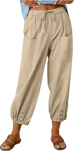 Cotton Linen Pants for Women Casual Summer Elastic High Waist Drawstring Lounge Pant Straight Leg Cropped Trousers
