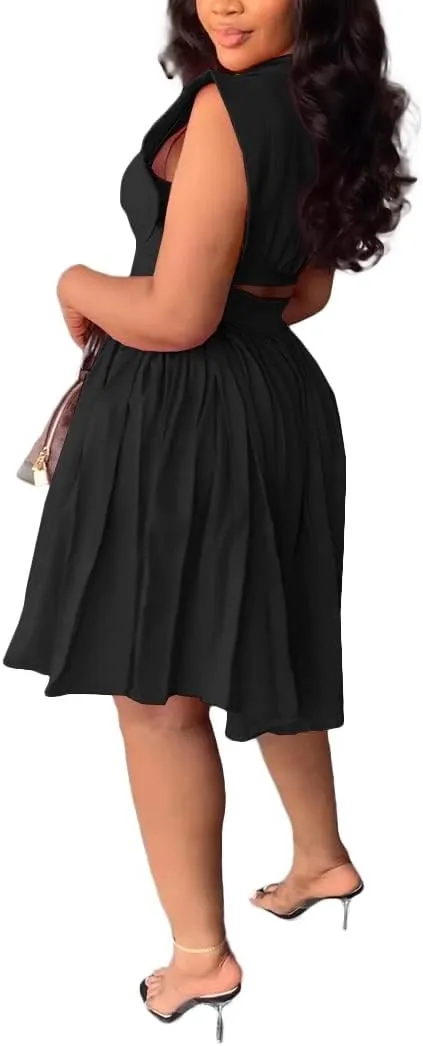 cu4eve Summer Swing Dress for Women Casual V Neck Sleeveless Smocked Wrap Midi Plus Size Cocktail Dresses Party