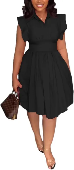cu4eve Summer Swing Dress for Women Casual V Neck Sleeveless Smocked Wrap Midi Plus Size Cocktail Dresses Party