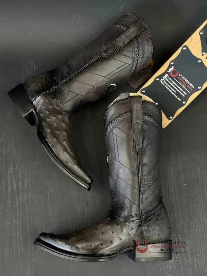 CUADRA BOOTS OSTRICH EVEREST GREY LASER & WOVEN NARROW SQUARE TOE