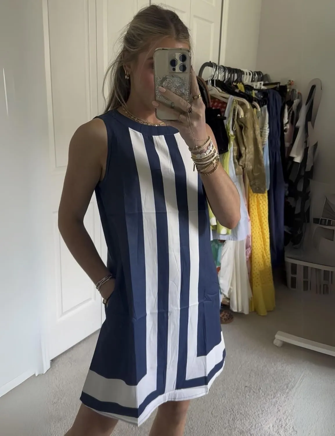 Daacee Womens Boho Color Block Mini Dress Casual Summer Flowy Sleeveless Striped Dresses Beach Tank Sundress Coverups