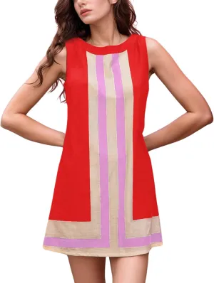 Daacee Womens Boho Color Block Mini Dress Casual Summer Flowy Sleeveless Striped Dresses Beach Tank Sundress Coverups