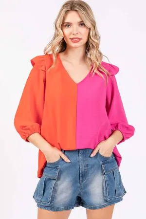 Dawes Full Size Ruffle Trim Contrast Blouse