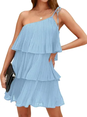 DEEP SELF Women's Summer One Shoulder Ruffle Mini Dress Casual Tiered Chiffon Pleated Flowy Short Dresses