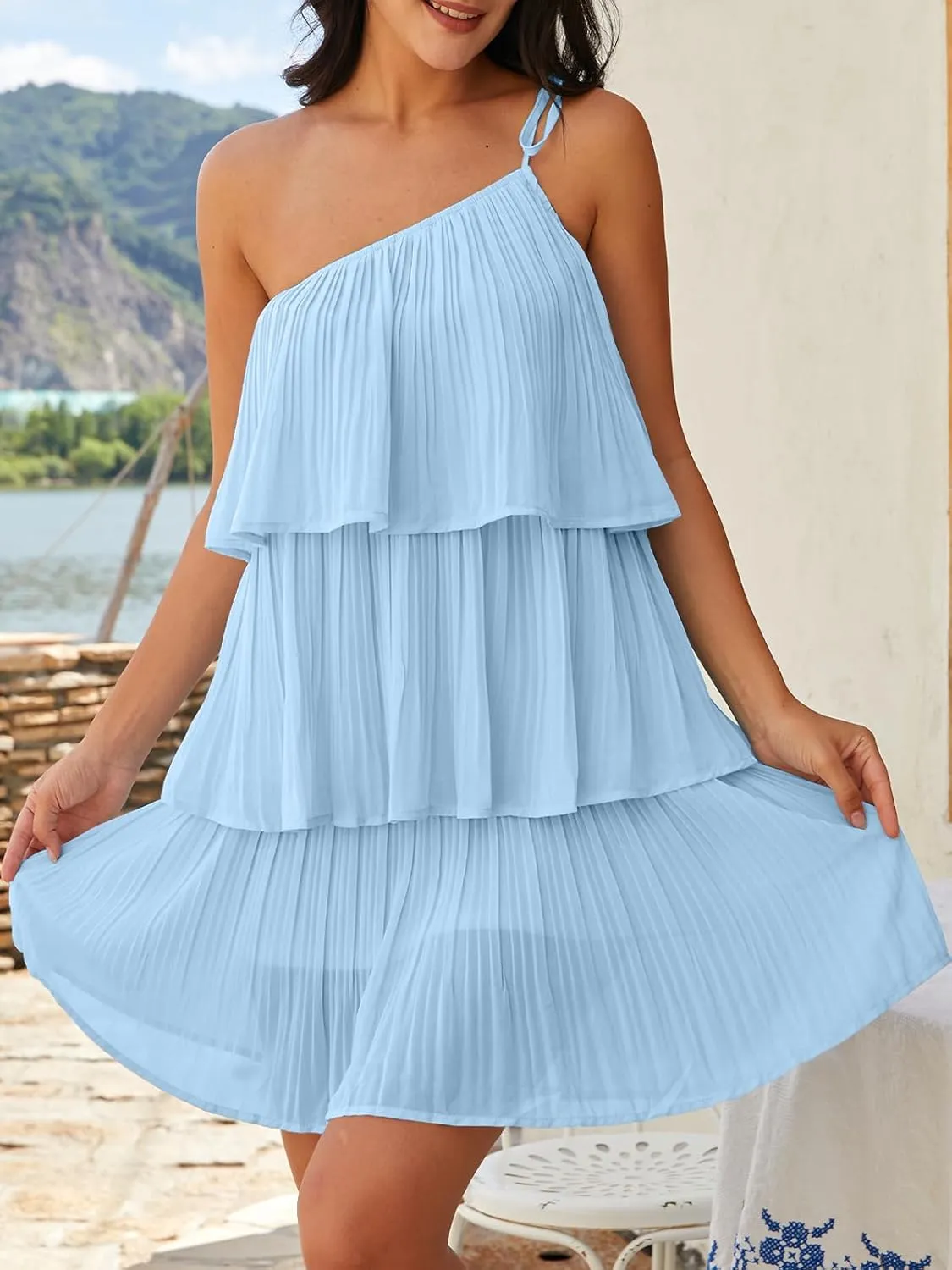 DEEP SELF Women's Summer One Shoulder Ruffle Mini Dress Casual Tiered Chiffon Pleated Flowy Short Dresses