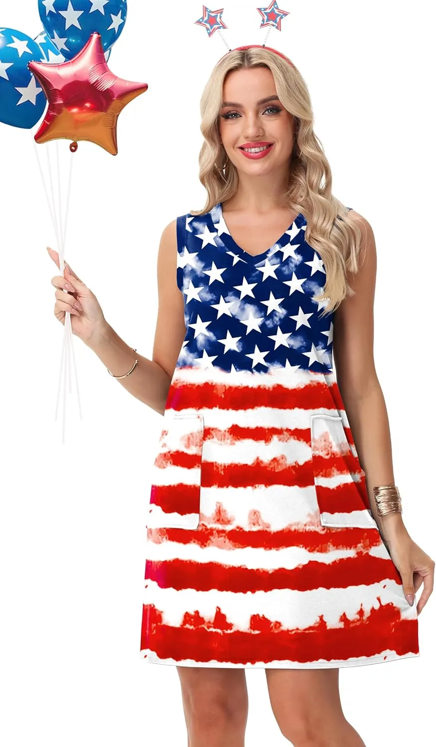 Deerose July 4th Sleeveless Dress American Flag Swim Cover Up Dress with Pockets