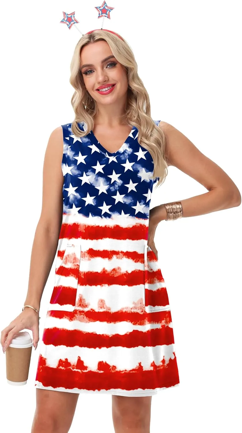 Deerose July 4th Sleeveless Dress American Flag Swim Cover Up Dress with Pockets