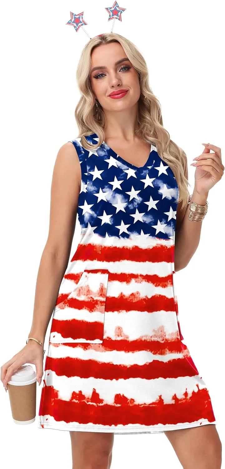 Deerose July 4th Sleeveless Dress American Flag Swim Cover Up Dress with Pockets