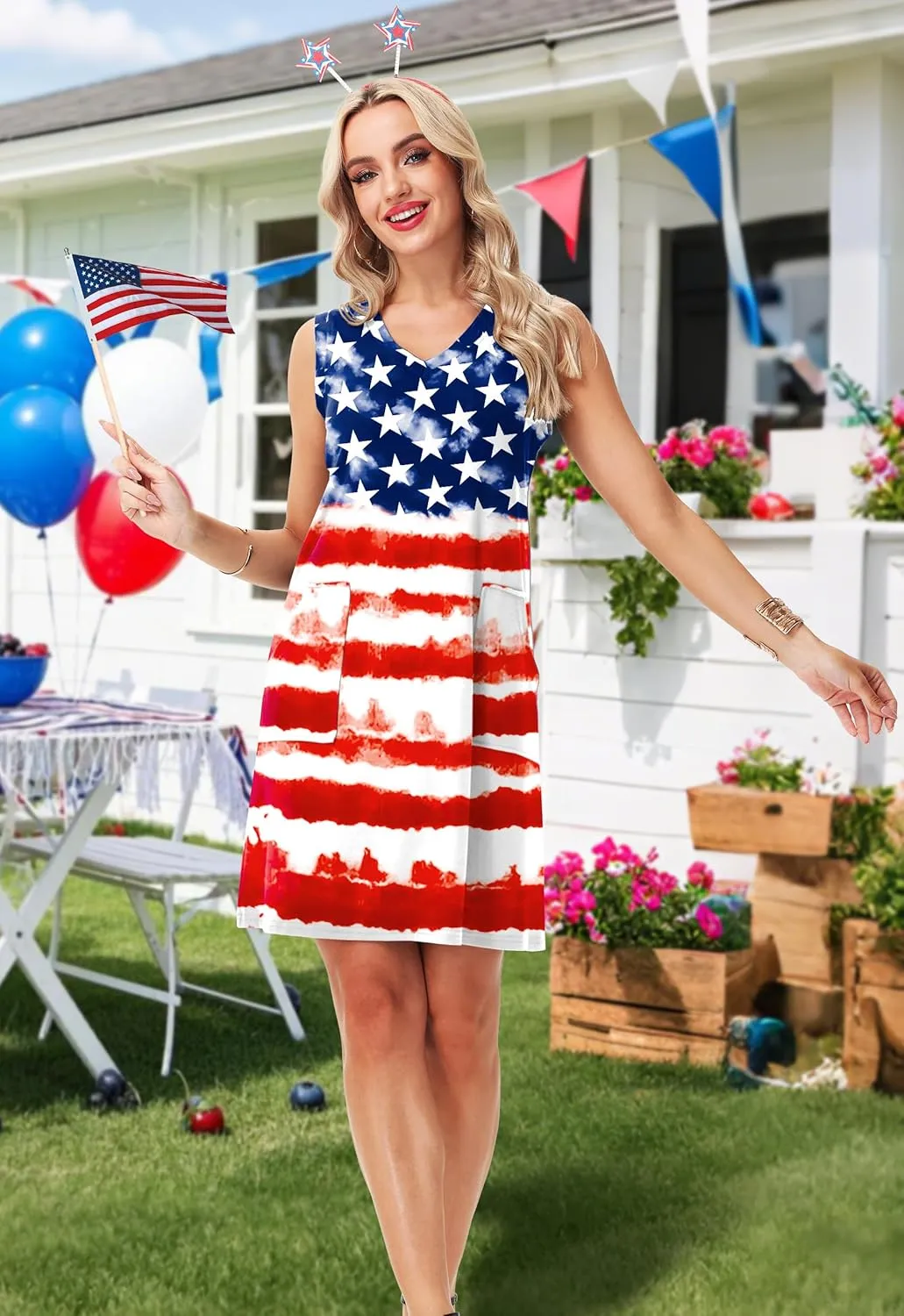 Deerose July 4th Sleeveless Dress American Flag Swim Cover Up Dress with Pockets