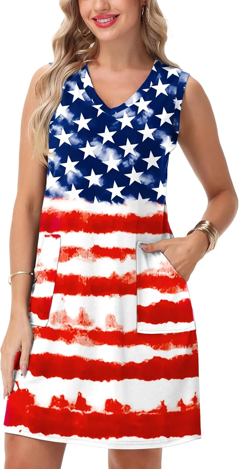 Deerose July 4th Sleeveless Dress American Flag Swim Cover Up Dress with Pockets