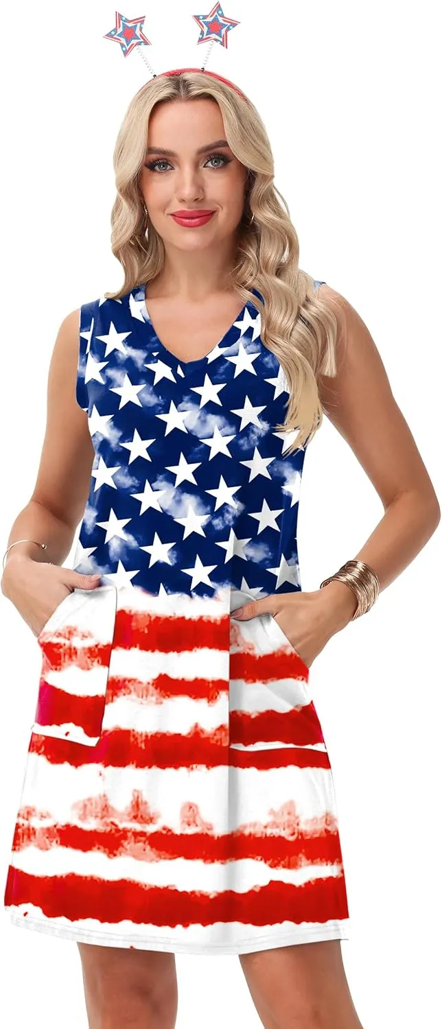 Deerose July 4th Sleeveless Dress American Flag Swim Cover Up Dress with Pockets