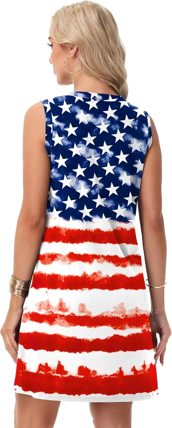 Deerose July 4th Sleeveless Dress American Flag Swim Cover Up Dress with Pockets