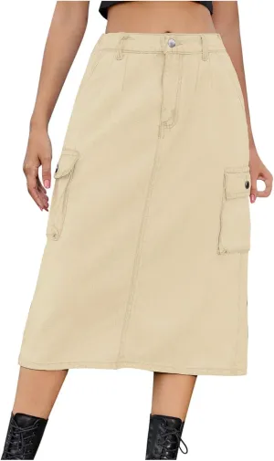 Denim Skirt for Women Below Knee Length High Waisted Jean Skirts Trendy Casual Cute Midi Cargo Skirt Y2K Streetwear