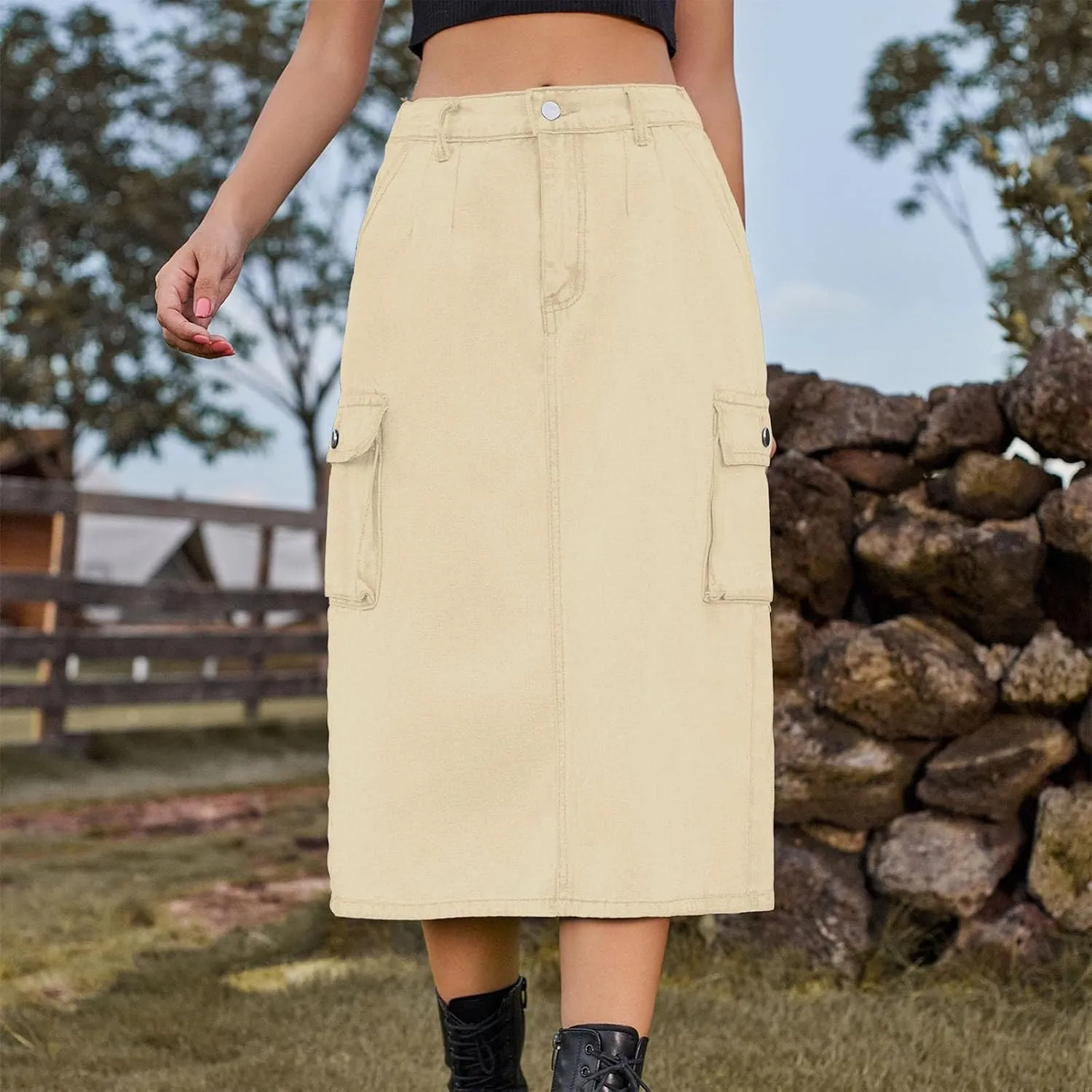 Denim Skirt for Women Below Knee Length High Waisted Jean Skirts Trendy Casual Cute Midi Cargo Skirt Y2K Streetwear