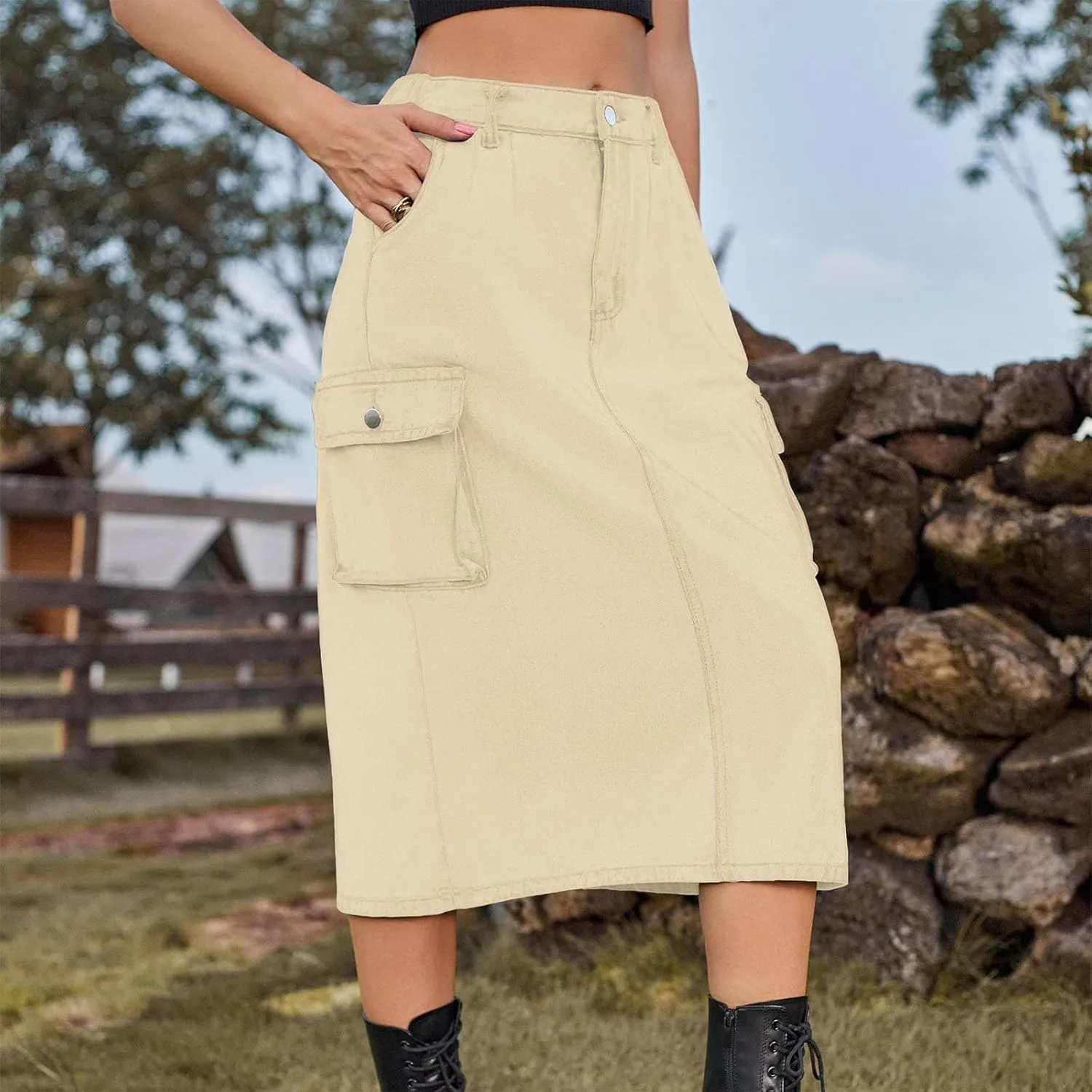 Denim Skirt for Women Below Knee Length High Waisted Jean Skirts Trendy Casual Cute Midi Cargo Skirt Y2K Streetwear