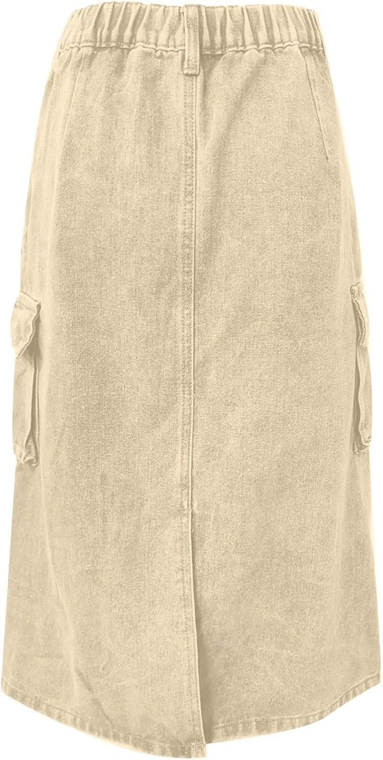 Denim Skirt for Women Below Knee Length High Waisted Jean Skirts Trendy Casual Cute Midi Cargo Skirt Y2K Streetwear