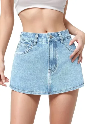Denim Skort for Women with Shorts Stretchy Jean Skort Summer Casual High Waisted Denim Mini Skirt with Pockets