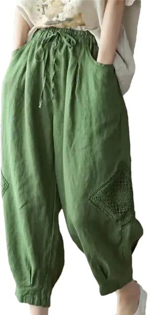 Disimlarl Women High Waist Casual Pants Elastic Waist Cotton Linen Pants Loose Ankle-Length Harem Pants