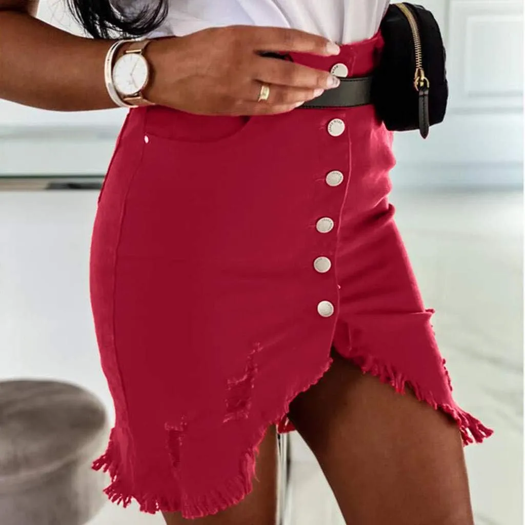 Distressed Denim Mini Skirt Button-Fly Front Split Sexy Pencil Skirts Women's High Waisted Bodycon Skirt