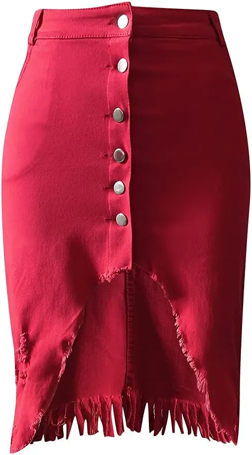 Distressed Denim Mini Skirt Button-Fly Front Split Sexy Pencil Skirts Women's High Waisted Bodycon Skirt