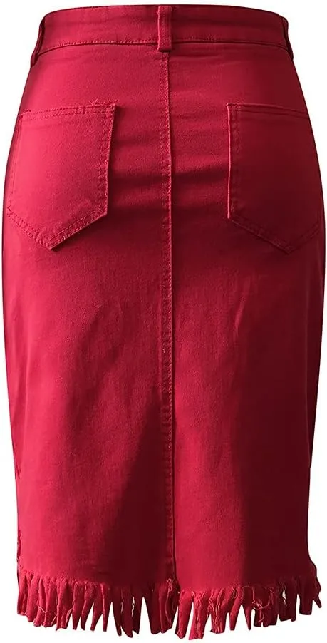 Distressed Denim Mini Skirt Button-Fly Front Split Sexy Pencil Skirts Women's High Waisted Bodycon Skirt