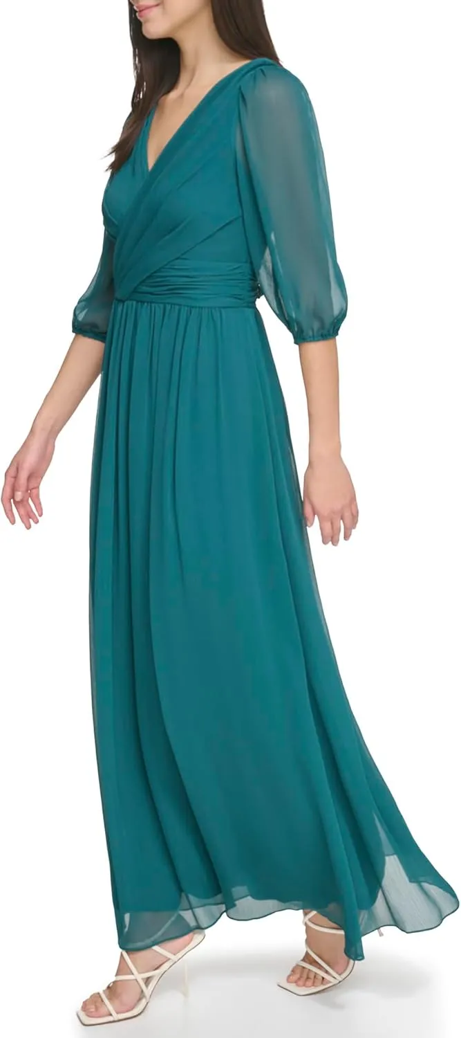 DKNY womens Long Chiffon V-neck Dress