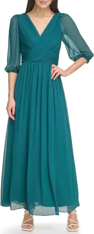 DKNY womens Long Chiffon V-neck Dress