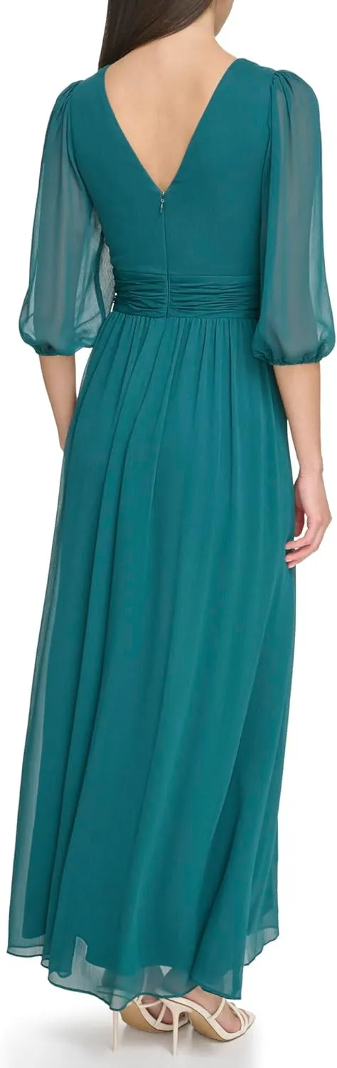 DKNY womens Long Chiffon V-neck Dress