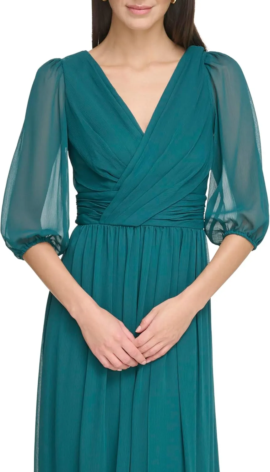 DKNY womens Long Chiffon V-neck Dress