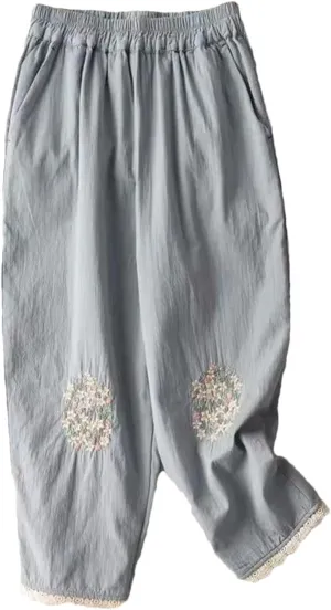 Dndrdhfb Women's Cotton Wide Leg Pants Elastic Waist Trousers Casual Breathable Harem Pants